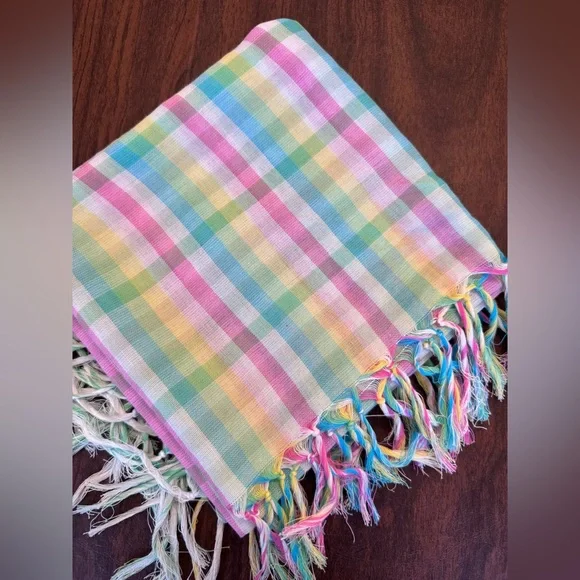 100% Cotton Easter Spring Pastel Plaid Fringed Scarf 32”x32” - Picture 3 of 3
